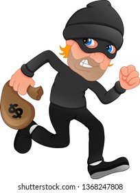 Thief carrying bag of money with a dollar sign