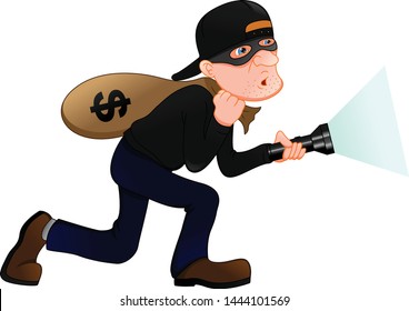 Thief carrying bag of money with a dollar sign