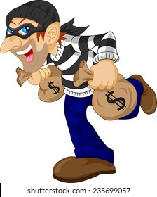 Thief carrying bag of money with a dollar sign