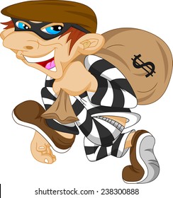 Thief carrying bag of money with a dollar sign