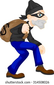 Thief carrying bag of money with a dollar sign