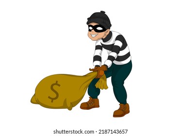 A thief carrying a sack full of money, cool cartoon isolated on a white background suitable for animation design and illustration