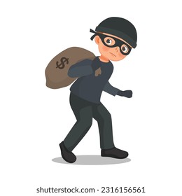 A thief carrying sack of stolen money walking carefully