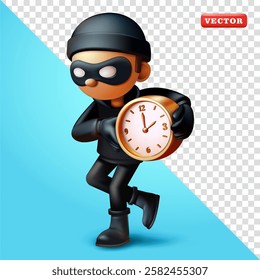 Thief carrying time clock, 3d vector. Suitable for security and business