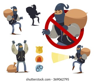 Thief cartoon character. police badge icon, police light icon, handcuffs icon