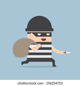 Thief cartoon holding knife in his hand and carrying a money bag, VECTOR, EPS10