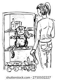 Un gato ladrón sentado dentro de un refrigerador y su sorprendido dueño. Boceto dibujado a mano, Vector.