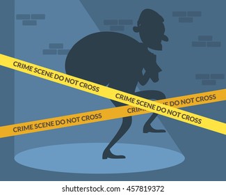 Thief character with bag of money. Crime scene. Vector flat cartoon illustration