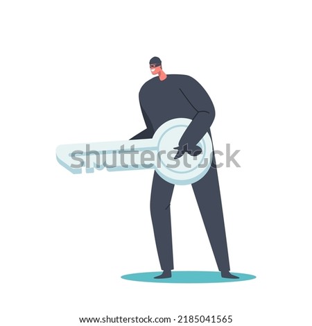 Thief Character Breaking Lock with Huge Key. Masked Robber Broke Down Keyhole with Falsifies Key. Problem Of Urban Security. Intruder Isolated On White Background. Cartoon People Vector Illustration