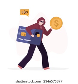 Thief character commit, robbery crime, burglar with stolen money and credit card run away. Robber in dark glasses and hood with credit cards data. Scam, phishing, illegal. flat vector Illustration