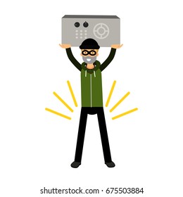 Thief character holding a safe in a highly raised hands vector Illustration