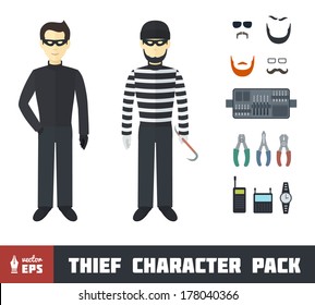 Thief Character Pack with Gadgets in Flat Style