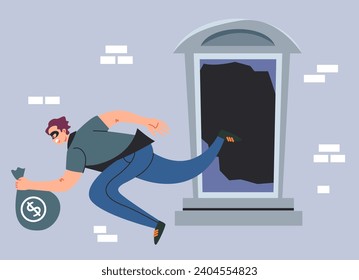 Thief character robber house by window door criminal concept. Vector flat graphic design illustration