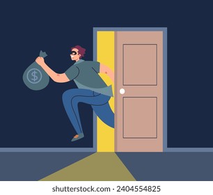 Thief character robber house by window door criminal concept. Vector flat graphic design illustration