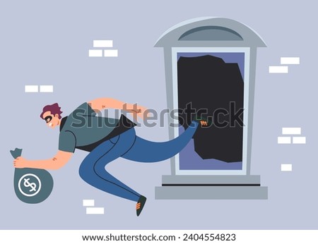 Thief character robber house by window door criminal concept. Vector flat graphic design illustration