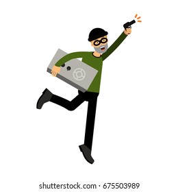 Thief character running with a safe and gun vector Illustration