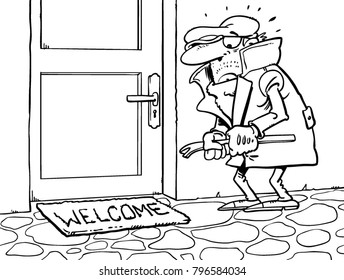 Thief character in steal action. Thief trying to open the door lock in home