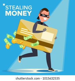 Thief Character Vector. Hacker Stealing Sensitive Data, Money From Credit Card. Hacking PIN Code. Breaking, Attacking. Flat Cartoon Illustration
