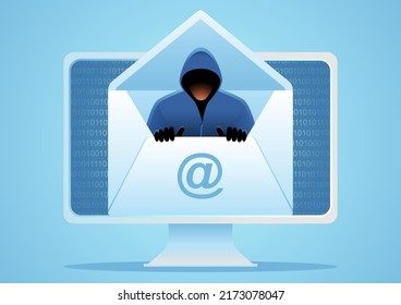 Thief comes out of an envelope, hacker, scam, phishing email concept, vector illustration