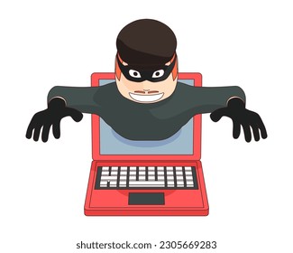 A thief comes out of a laptop screen. A hacker hacked into a computer and reaches for the money.