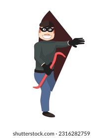 Thief comes out of the white background. A masked burglar holds a crowbar in his hand and comes out of nowhere.
