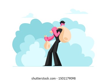 Thief Commit Robbery Crime Carry Stolen Money Bags. Funny Robber Burglar In Black Clothing And Mask Trying To Get Away With Loot Steal Prey In Sacks. Gangsters Theft. Cartoon Flat Vector Illustration