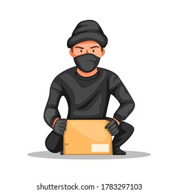 Thief Crime Parcel Box. Man Stealing Package Online Shop Package Customer In Home Character Concept In Cartoon Illustration Vector