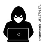 Thief, Criminal, Robber, Scammer, Hacker icon logo isolated, Thief mask with eye slits, security and fraud symbols isolated, Burglary thief icon. Cyber criminal with laptop stealing user personal data