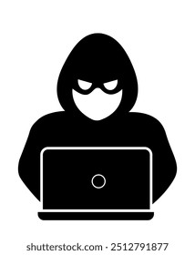 Thief, Criminal, Robber, Scammer, Hacker icon logo isolated, Thief mask with eye slits, security and fraud symbols isolated, Burglary thief icon. Cyber criminal with laptop stealing user personal data