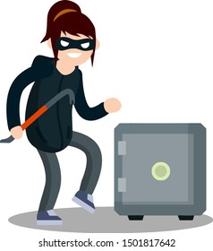 Thief With Crowbar And Bank Safe. Breaking And Stealing Money. Criminal Problem. Woman Robber In Black With Mask. Female Girl Offender Sneaks. Cartoon Flat Illustration