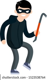 Thief with crowbar. Criminal problem. Man robber in black with mask. Male offender sneaks. Cartoon flat illustration