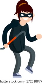 Thief With Crowbar. Female Offender Sneaks. Cartoon Flat Illustration. Criminal Problem. Woman Robber In Black With Mask