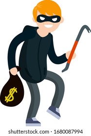 Thief with crowbar. Male offender sneaks. Cartoon flat illustration. Criminal problem. Man robber in black with mask with bag money