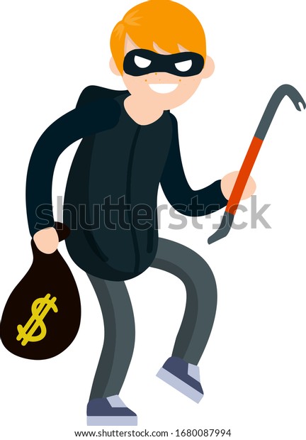 クラウバーを持つ泥棒 男性犯罪者がスニークをする 漫画のフラットイラスト 刑事問題だ 黒い服を着た強盗に袋金をかぶせる男 のベクター画像素材 ロイヤリティフリー