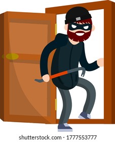 Ladrón con bar. Un ladrón enmascarado con ropa negra rompió la puerta de la casa. El problema de la seguridad urbana. Ilustración plana de dibujos animados