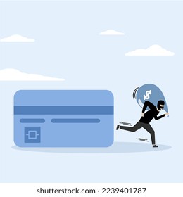 thief with dark black robbery walking with big dollar sign bag containing money from online debit card payment or payment. Online debit card hacking, online hacking or financial robbery.