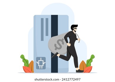 thief with dark black robbery walking with big dollar sign bag containing money from online debit card payment or payment. Online debit card hacking, online hacking or financial robbery.