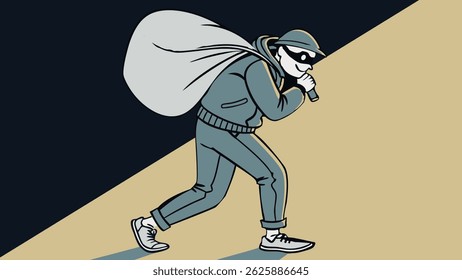 ladrão em roupas escuras, com uma lanterna e um saco grande, pego em um holofote.
