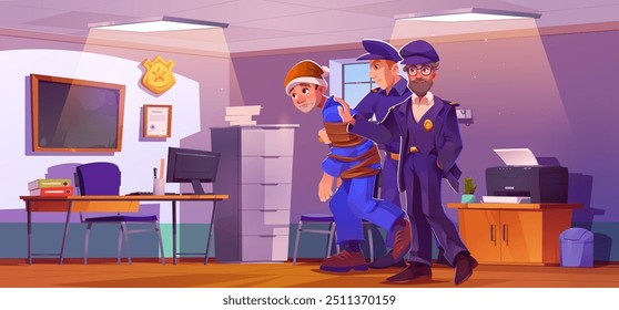 Dieb mit Detektiv im Inneren der Polizeiwache. Verhaftung durch einen Ermittler in der Kriminalpolizei. Büroschreibtisch, Drucker und FBI-Archivmöbel in Untersuchungsraum-Illustration.