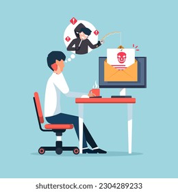 Thief disguised calls center on smartphones attacks a businessman. Hacker fraud scam and steal private data on devices. Vector illustration flat design for cyber security awareness concept.