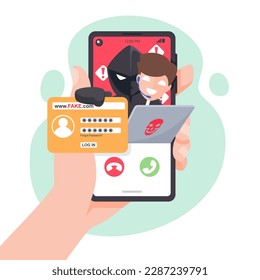 Thief disguised calls center sends Fake websites on smartphones. Hacker fraud scam and steal private data on devices. Vector illustration flat design for cyber security awareness concept.