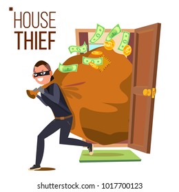 Thief And Door Vector. Bandit With Bag. Breaking Into House Through Door. Insurance Concept. Burglar, Robber In Mask, Thief, Robbery, Purse. Isolated Flat Cartoon Illustration
