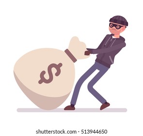 Thief dragging a giant heavy money bag. Cartoon vector flat-style concept illustration