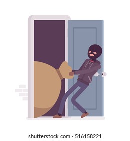 Thief dragging loot through the front door. Cartoon vector flat-style concept illustration