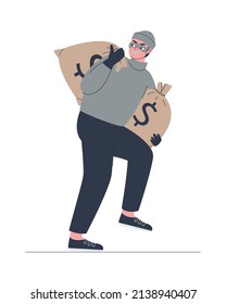 The thief drags two bags of money. Bank theft. A masked man robbed a bank. Criminal activity. Flat vector illustration. Eps10