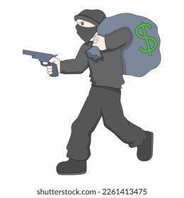Ein Dieb, der ganz in Schwarz gekleidet ist, stiehlt eine Tasche Geld, ein Zeichen der Korruption. Vektordesign-Illustration
