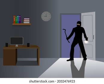 A thief dressed in black broke the door of the house to steal something. There was a blue light in the background.