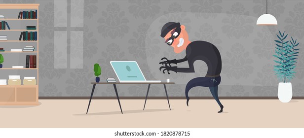 The thief entered the apartment and steals the laptop. An office robber steals data. Security and robbery concept. Vector.