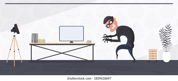 The thief entered the apartment and steals the laptop. An office robber steals data. Security and robbery concept. Vector.