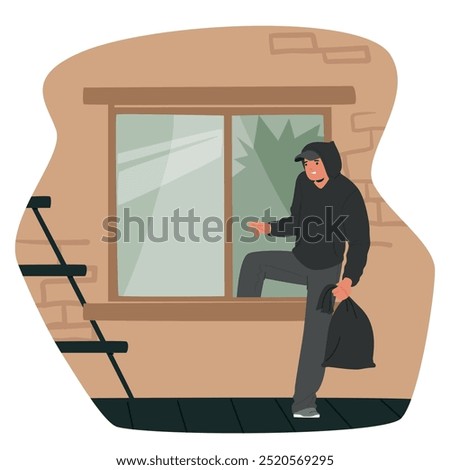 Thief Entering A House Window With A Bag In Hand. Burglar Wears A Dark Outfit And Uses A Ladder To Access The Building. Image Conveys Themes Of Crime, Intrusion, And Suspense in a Home Environment